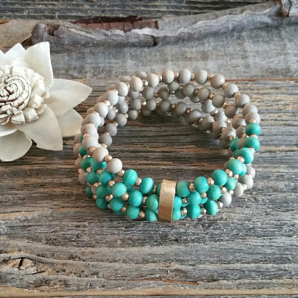 Turquoise & Gray Multi Wood Bead Stretch Bracelet
